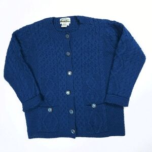 Aran Crafts Blue Marino Wool Irish Cardigan Cable Knit Sweater Women’s L